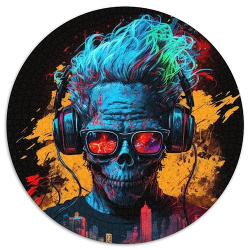 Kopfhörer-Totenkopf-Puzzle, 1000 Teile, für Erwachsene, rundes Puzzle mit 1000 Teilen, perfekt für Teenager und zur Heimdekoration, 67,5 x 67,5 cm von LiJianXXR