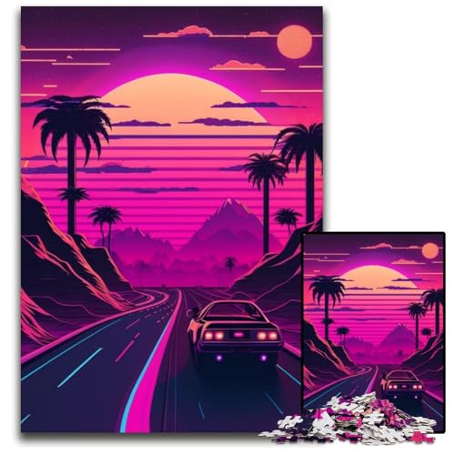 Neon Retro Road 1000-teiliges Puzzle für Erwachsene, Puzzles für Erwachsene, Gehirn-Herausforderung, Geschenk, pädagogische Aktivität für Teenager, 26x38cm/10,23x14,96 Zoll von LiJianXXR