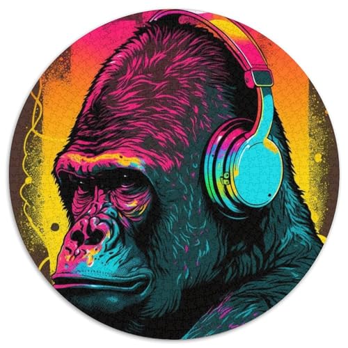 Puzzle 1000 Teile, Kopfhörer-Gorilla, 1000 Teile, runde Puzzles für Erwachsene, für Teenager und Familienspaß – DIY-Denkspiel, Geschenk, 67,5 x 67,5 cm von LiJianXXR
