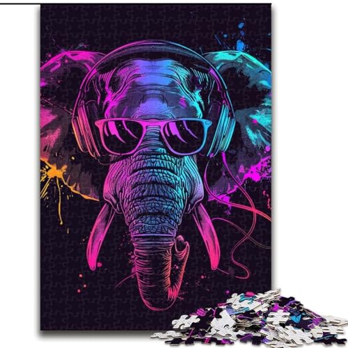 Puzzle 1000 Teile Elefant mit Kopfhörern aus Holz, interaktives Familienspiel, Familienaktivitätsspiel 50x75cm, spannende Familienspielabendaktivität von LiJianXXR