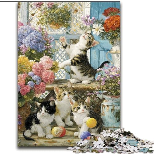 Puzzle 1000 Teile für Erwachsene, Kätzchen im Garten, Elefantenspielzeug, Denkspiel, Geburtstagsgeschenk, Geschenke, Wandkunst für Kinder ab 14 Jahren (Größe 50x75cm) von LiJianXXR
