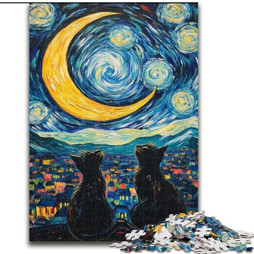 Puzzle 1000 Teile für Erwachsene, Nachthimmel, Schwarze Katze, Stressabbau mit vollständig ineinandergreifenden, zufällig geformten Teilen für Kinder ab 14 Jahren (Größe 50x75cm) von LiJianXXR
