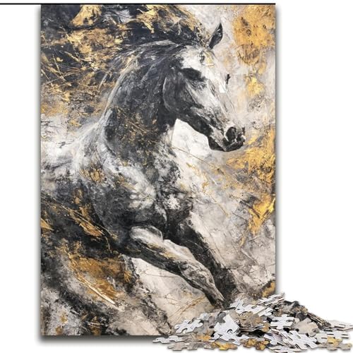 Puzzle 1000 Teile für Erwachsene, Schwarzes Goldenes Pferd, Stressabbau mit vollständig ineinandergreifenden, zufällig geformten Teilen für Kinder ab 14 Jahren (Größe 26x38cm) von LiJianXXR