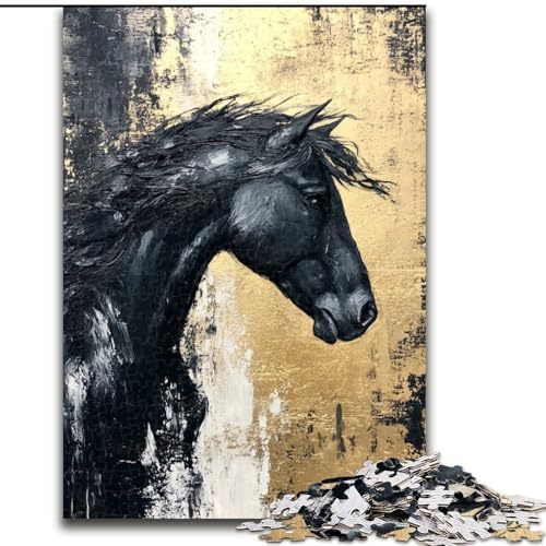 Puzzle 1000 Teile für Erwachsene, Schwarzes Goldenes Pferd, Stressabbau mit vollständig ineinandergreifenden, zufällig geformten Teilen für Kinder ab 14 Jahren (Größe 50x75cm) von LiJianXXR