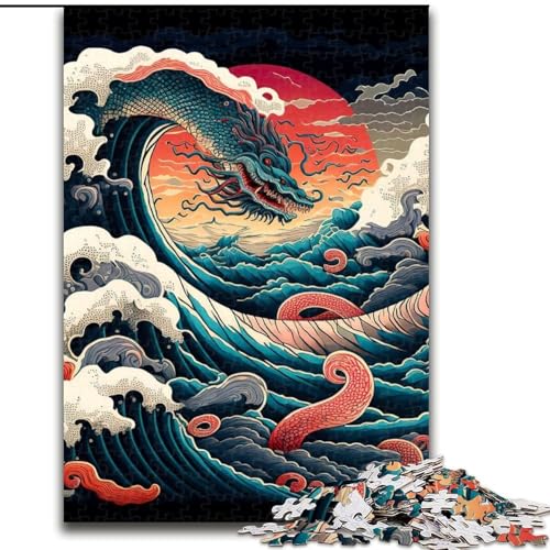 Puzzle 1000 Teile für Erwachsene Drache vor Kanagawa aus Holz, farbenfrohe Heimdekoration und interaktives Familienspiel, 1000 Teile(50x75cm) von LiJianXXR