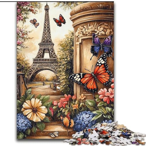 Puzzle 1000 Teile für Jugendliche Schmetterling Blumen Eiffel, für und ab 14 Jahren Pädagogisches Lernspielzeug Familienspiele Geburtstagsgeschenk (Größe 26x38cm) von LiJianXXR