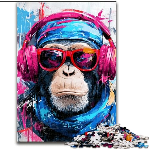 Puzzle 1000 Teile für Teenager, AFFE mit Kopfhörern, Familienspiel zum Stressabbau, schwierige Herausforderung, EIN Kunstwerk für Kinder ab 14 Jahren (Größe 50x75cm) von LiJianXXR