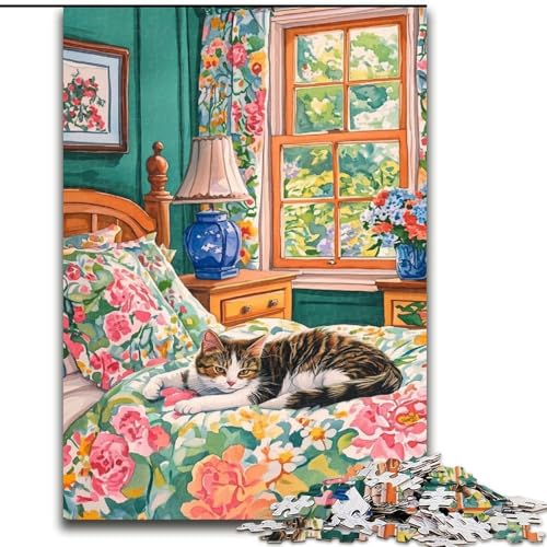 Puzzle 1000 Teile für Teenager, Katze auf dem Bett, für 14+, anspruchsvolles Spiel als Geschenk für die ganze Familie und Freunde (Größe 50x75cm) von LiJianXXR