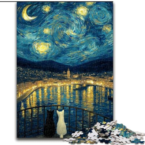 Puzzle 1000 Teile für Teenager Sternenhimmel Schwarz-Weiß-Katze, für 14+ Anspruchsvolles Spiel als Geschenk für die ganze Familie und Freunde (Größe 50x75cm) von LiJianXXR