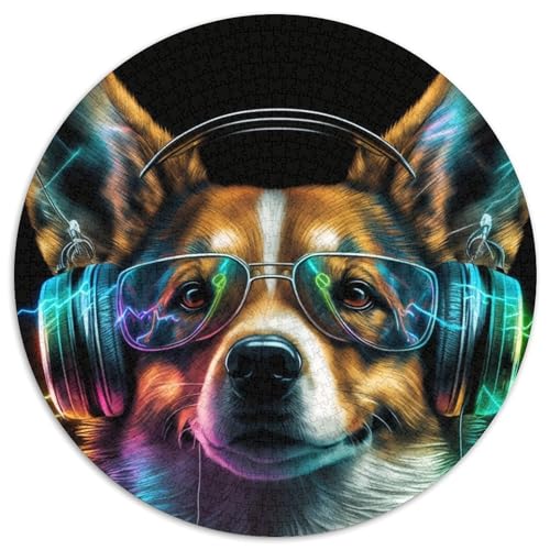 Puzzle für 1000 Teile, Kopfhörer-Corgi, 1000 Teile, rund, Puzzle für Erwachsene, Denkspiel für Teenager, 67,5 x 67,5 cm von LiJianXXR