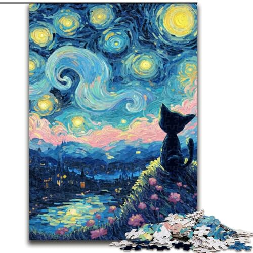 Puzzle für Erwachsene, 1000 Teile, Nachthimmel, Schwarze Katze, Spielzeug, Lernspiele, Stressabbau, Eltern-Kind-Interaktion (Größe 50x75cm) von LiJianXXR