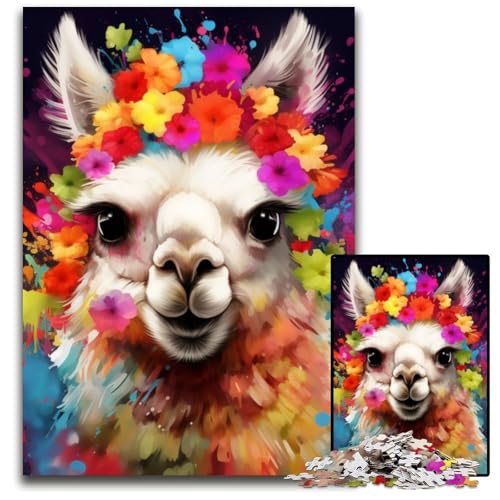 Puzzle für Erwachsene,1000-teiliges Alpaka mit Blumen,Holzpuzzle für Erwachsene,anspruchsvolles Denkspiel für Teenager,unterhaltsames interaktives Spiel für die ganze Familie,50x75cm/19,68x29,52 Zoll von LiJianXXR