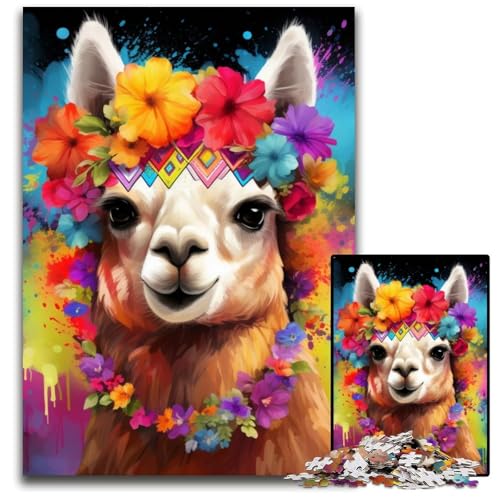 Puzzle für Erwachsene,1000-teiliges Alpaka mit Blumen,Holzpuzzle für Erwachsene,anspruchsvolles Denkspiel für Teenager,unterhaltsames interaktives Spiel für die ganze Familie,50x75cm/19,68x29,52 Zoll von LiJianXXR