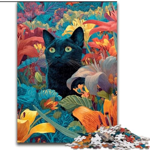 Puzzle für Erwachsene und Jugendliche, 1000 Teile, Blumenmuster, Schwarze Katze, Spielzeug, Lernspiele, Stressabbau, Stärkung der Liebe zwischen Paaren (Größe 26x38cm) von LiJianXXR