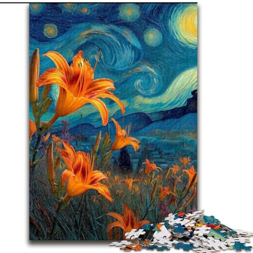 Puzzle für Erwachsene und Jugendliche, 1000 Teile, Gelbe Lilien am Nachthimmel, Spielzeug, Lernspiele, Stressabbau, Stärkung der Liebe zwischen Paaren (Größe 26x38cm) von LiJianXXR