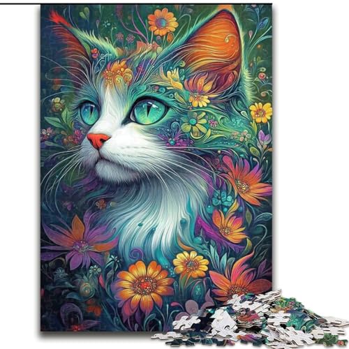 Puzzle für Erwachsene und Jugendliche, 1000 Teile, Katze und Blumen, Lernspiele, Heimdekoration, geeignet für die Schreibtischdekoration (Größe 26x38cm) von LiJianXXR