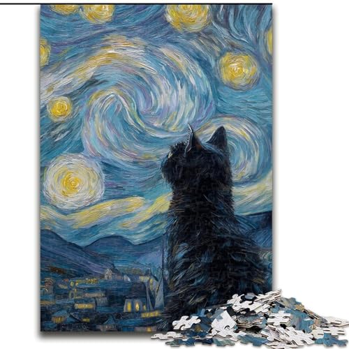 Puzzle für Erwachsene und Jugendliche, 1000 Teile, Katze unter dem Sternenhimmel, Lernspiele, Heimdekoration, geeignet als Schreibtischdekoration (Größe 26x38cm) von LiJianXXR