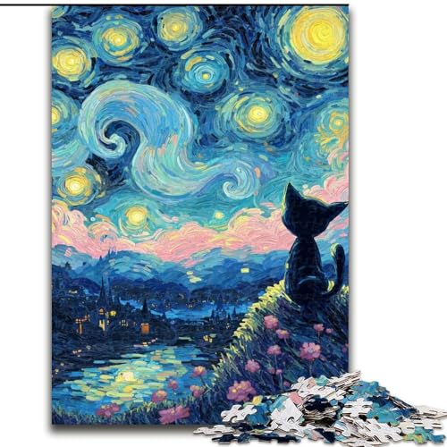 Puzzle für Erwachsene und Jugendliche, 1000 Teile, Nachthimmel, Schwarze Katze, Lernspiele, Heimdekoration, geeignet für die Schreibtischdekoration (Größe 26x38cm) von LiJianXXR