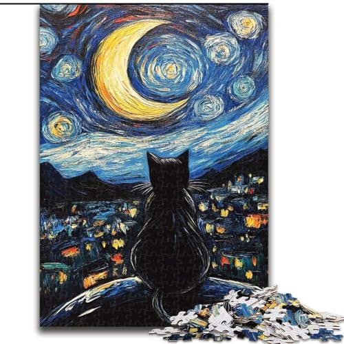 Puzzle für Erwachsene und Jugendliche, Puzzle Nachthimmel, Schwarze Katze, für Kinder ab 14 Jahren, Lernspiel, Herausforderung, Spielzeug, Geschenk zum Geburtstag (Größe 50x75cm) von LiJianXXR