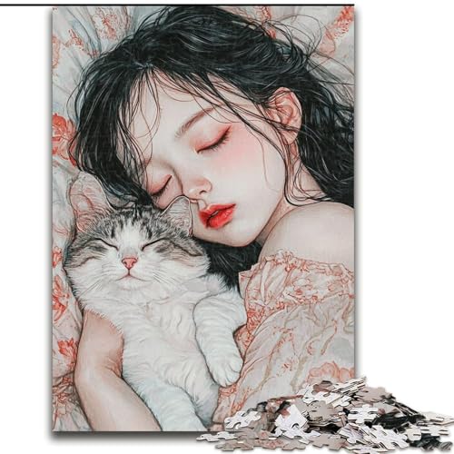 Puzzle für Erwachsene und Teenager, Puzzle Schlafendes Mädchen und Katze, für Kinder ab 14 Jahren, Lernspiel, Herausforderung, Spielzeug, Geschenk zum Geburtstag (Größe 26x38cm) von LiJianXXR
