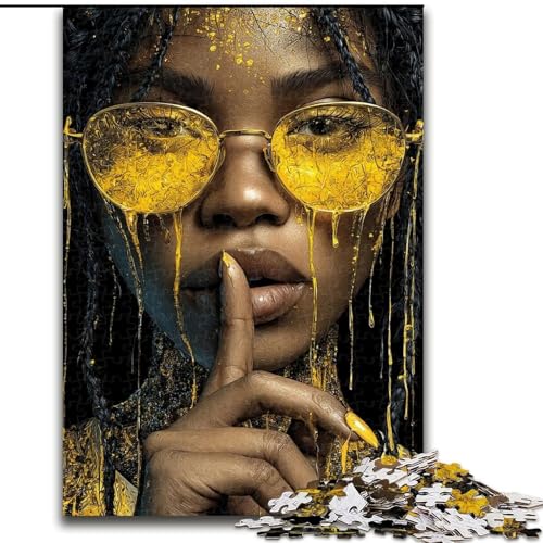 Puzzle für Erwachsene und Teenager, Puzzle Schwarze Frau mit gelber Brille, für Kinder ab 14 Jahren, Lernspiel, Herausforderung, Spielzeug, Geschenk zum Geburtstag (Größe 26x38cm) von LiJianXXR