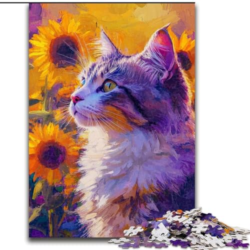 Puzzle für Teenager, 1000 Sonnenblumen und Katzen, Lernspiele, Heimdekoration, geeignet für die Schreibtischdekoration (Größe 50x75cm) von LiJianXXR