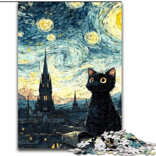 Puzzle für Teenager, 1000 Teile, Katze am Nachthimmel, anspruchsvoll und schwierig mit vollständig ineinandergreifenden, zufällig geformten Teilen (Größe 26x38cm) von LiJianXXR