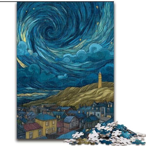 Puzzle für Teenager, 1000 Teile, Stadtbild mit Nachthimmel, anspruchsvoll und schwierig mit vollständig ineinandergreifenden, zufällig geformten Teilen (Größe 26x38cm) von LiJianXXR