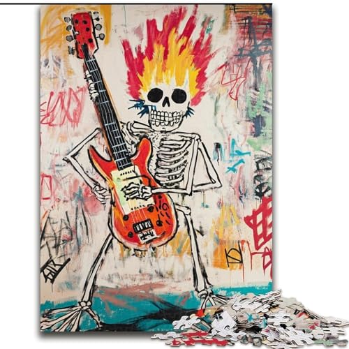 Puzzle für Teenager, 1000 Teile, Totenkopf im Basquiat-Stil, der Gitarre spielt, Lernspiele, Heimdekoration, geeignet als Schreibtischdekoration (Größe 26x38cm) von LiJianXXR
