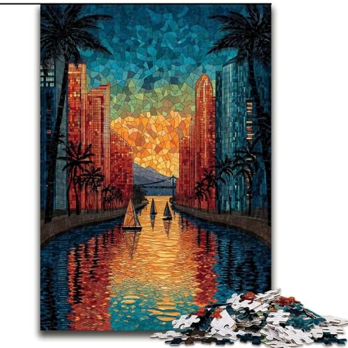 Puzzle für Teenager, 1000-teiliges Puzzle, Buntglasstadt, Quizspiel, Wanddekoration, einzigartige Geburtstags (Größe 26x38cm) von LiJianXXR