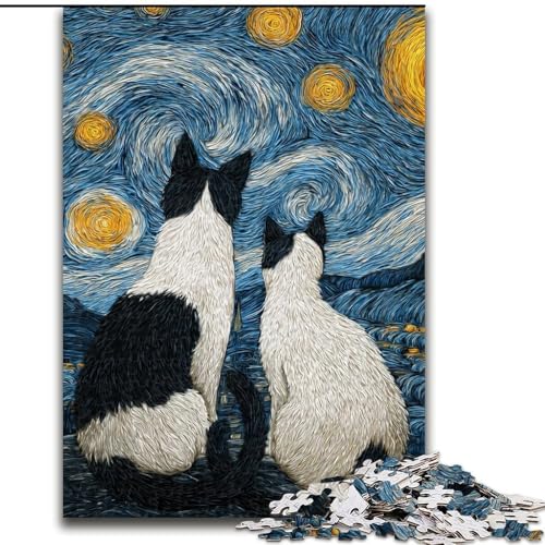 Puzzle für Teenager, 1000-teiliges Puzzle, Sternenhimmel, schwarz-weiße Katze, Quizspiel, Wanddekoration, einzigartige Geburtstags (Größe 26x38cm) von LiJianXXR