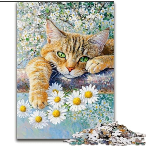 Puzzle für Teenager, 1000-teiliges Puzzle Gänseblümchen und Katze, Quizspiel, Wanddekoration, einzigartige Geburtstags (Größe 26x38cm) von LiJianXXR