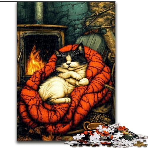 Puzzle für Teenager, 1000-teiliges Puzzle Katze am Kamin, Quizspiel, Wanddekoration, einzigartige Geburtstags (Größe 26x38cm) von LiJianXXR