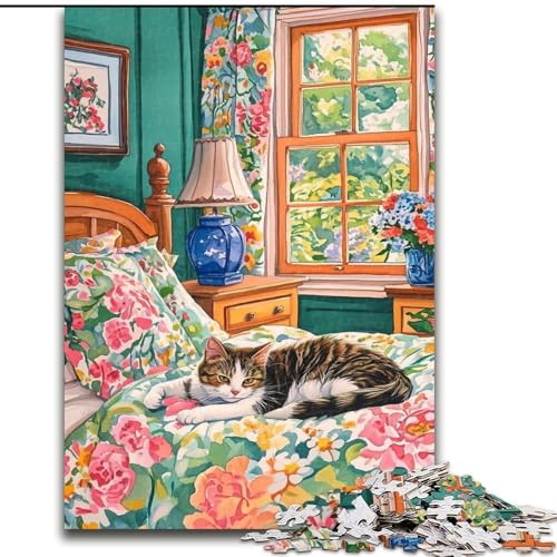 Puzzle für Teenager, 1000-teiliges Puzzle Katze auf dem Bett, Quizspiel, Wanddekoration, einzigartige Geburtstags (Größe 26x38cm) von LiJianXXR