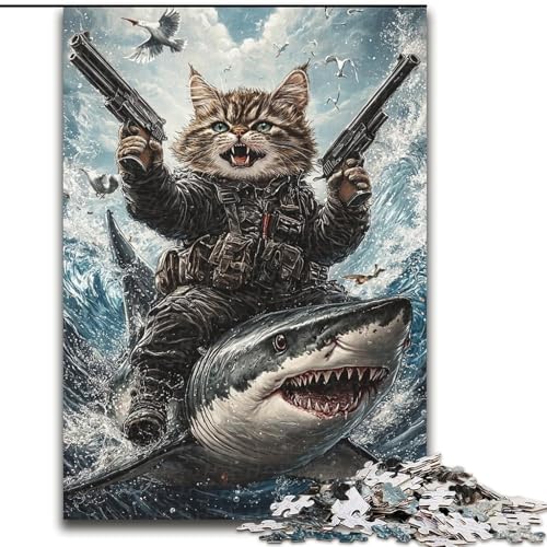 Puzzle für Teenager, 1000-teiliges Puzzle Katze und Hai, Quizspiel, Wanddekoration, einzigartige Geburtstags (Größe 26x38cm) von LiJianXXR