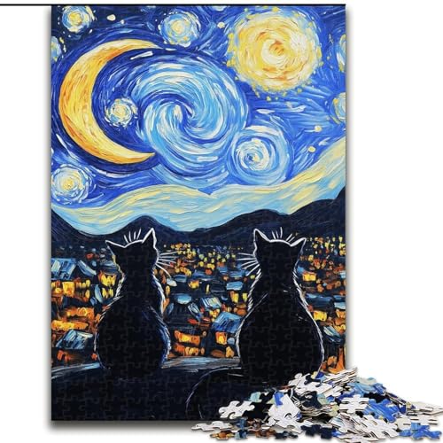 Puzzle für Teenager, 1000-teiliges Puzzle Nachthimmel, Schwarze Katze, Quizspiel, Wanddekoration, einzigartige Geburtstags (Größe 26x38cm) von LiJianXXR