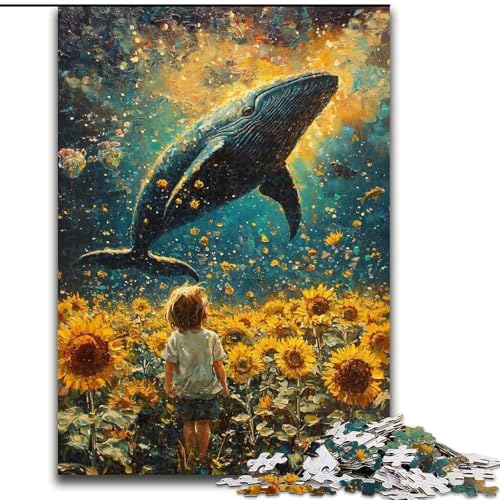 Puzzle für Teenager, 1000-teiliges Puzzle Sonnenblumen und Wale, Quizspiel, Wanddekoration, einzigartige Geburtstags (Größe 26x38cm) von LiJianXXR