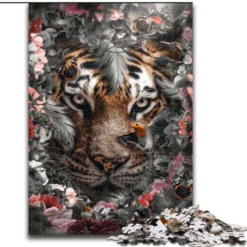 Puzzle mit 1000 Teilen für Erwachsene, geblümtes Tiger-Puzzle aus Holz, Denkspiel für Teenager, 1000 Teile(50x75cm) von LiJianXXR
