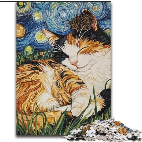 Puzzles für Erwachsene und Jugendliche, Puzzle Schwarze Katze schläft im Nachthimmel, Quizspiel zur Stärkung der Liebe zwischen Paaren für Kinder ab 14 Jahren (Größe 26x38cm) von LiJianXXR