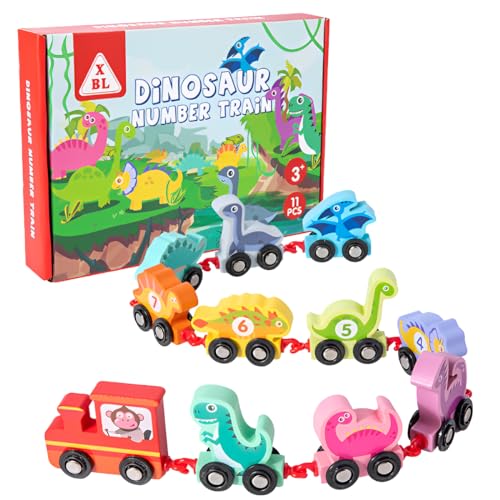 LiRiQi Dinosaurier Holz Zug Set mit Ziffern 0-10, Montessori Spielzeug ab 2 3 4 Jahre, Lustige Motorikspielzeug Lernspielzeug Holzspielzeug Geschenke für Jungen Mädchen Kinder Baby Kleinkinder von LiRiQi