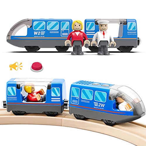 LiRiQi Eisenbahn elektrische lok Holzeisenbahn Zug, Batteriebetriebener Lokomotivzug, Leistungsstarker Motorzug kompatibel mit Thomas, Brio, Chuggington, Spielzeug für Kinder Kleinkind Junge, Blau von LiRiQi