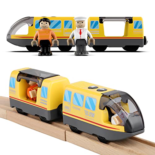 LiRiQi Eisenbahn elektrische lok Holzeisenbahn Zug, Batteriebetriebener Lokomotivzug, Leistungsstarker Motorzug kompatibel mit Thomas, Brio, Spielzeug für Kinder Kleinkind Junge, Gelb von LiRiQi