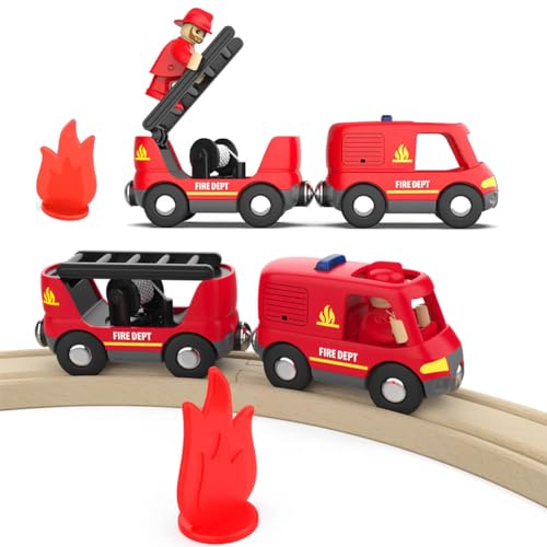 LiRiQi Holzeisenbahn Zug Feuerwehr-Löschzug, Eisenbahn Lok Kinder, Feuerwehr Leiterfahrzeug mit Licht und Sound, Zugset Spielzeug kompatibel mit Thomas, Brio, Spielzeugauto für Kleinkind Junge Mädchen LiRiQi Holzeisenbahn Zug Feuerwehr-Löschzug, Eisenbahn Lok Kinder, Feuerwehr Leiterfahrzeug mit Licht und Sound, Zugset Spielzeug kompatibel mit Thomas, Brio, Spielzeugauto für Kleinkind Junge Mädchen von LiRiQi