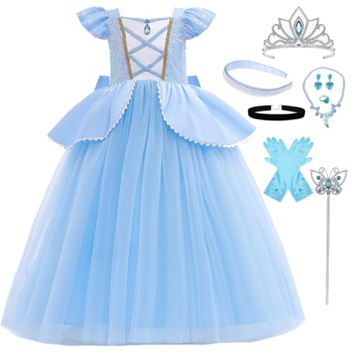 LiUiMiY Cinderella Kleid Mädchen Prinzessin Aschenputtel Kostüm Kinder Fasching Cosplay Geburtstag Party Verkleidung mit Zubehör, 104-110(Etikett 110) von LiUiMiY
