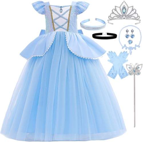 LiUiMiY Cinderella Kleid Mädchen Prinzessin Aschenputtel Kostüm Kinder Fasching Cosplay Geburtstag Party Verkleidung mit Zubehör, 104-110(Etikett 110) von LiUiMiY