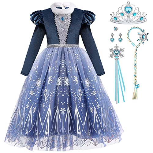 LiUiMiY Eiskönigin Elsa Kleid Mädchen Eisprinzessin Kostüm Kinder Langarm Schneekönigin Verkleidung Geburtstag Party Fasching Halloween Karneval Blau, 146-152(Etikett 150) von LiUiMiY