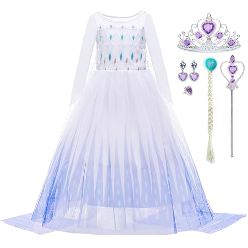 LiUiMiY Eiskönigin Prinzessin Elsa Kostüm Mädchen Kleid Karneval Verkleidung Party Geburtstagsfeier Halloween Fest Cosplay mit Zubehör, Weiß, 146-152 (Etikett 150) von LiUiMiY