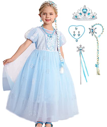 LiUiMiY Elsa Kostüm Mädchen Kinder Eiskönigin Blau Kleid Kurzarm Verkleidung Eisprinzessin Geburtstag Party Fasching Halloween Karneval mit Zubehör, 134-140(Etikett 140) von LiUiMiY