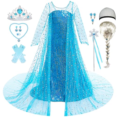 LiUiMiY Elsa Kostüm Mädchen Prinzessin Eiskönigin Fasching Kleid Kinder für Karneval Halloween Geburtstag Party, 104-110(Etikett 110) von LiUiMiY