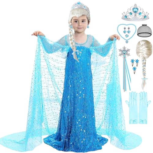 LiUiMiY Elsa Kostüm Mädchen Prinzessin Eiskönigin Fasching Kleid Kinder für Karneval Halloween Geburtstag Party, 146-152(Etikett 150) von LiUiMiY